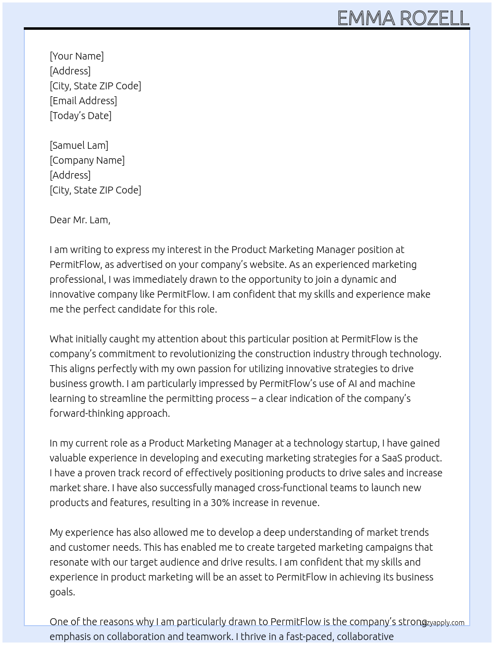 Product Marketing Manager At PermitFlow Cover Letter