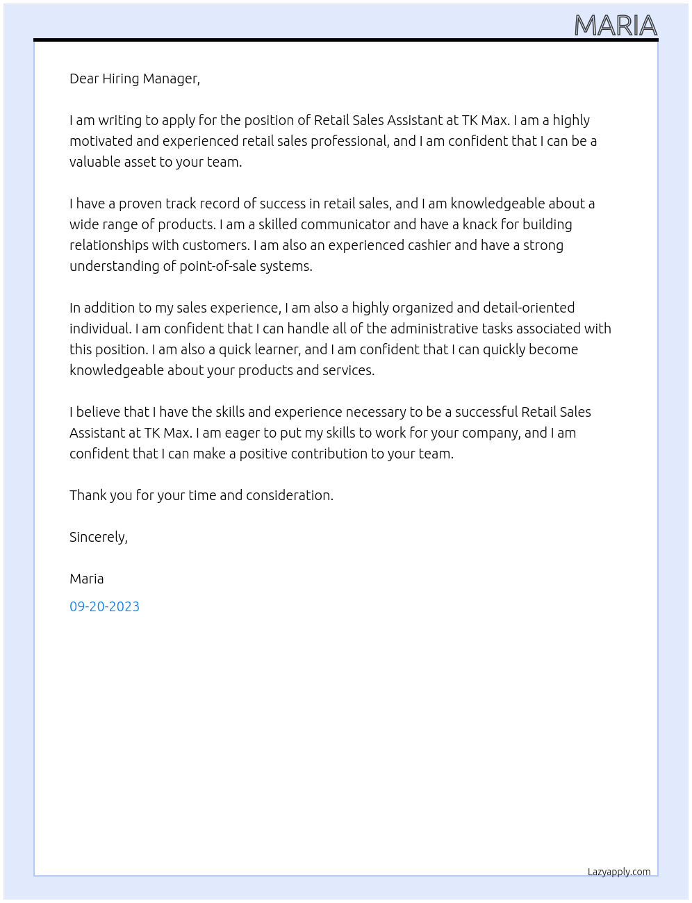 Retail sales assistant At TK max Cover Letter