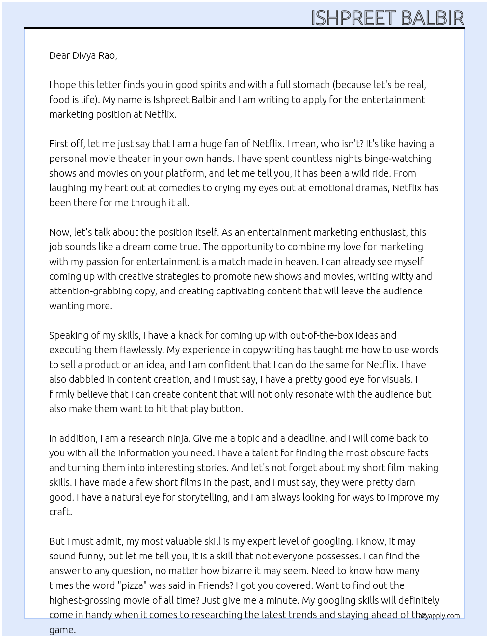 Cover letter for entertainment marketing - LazyApply