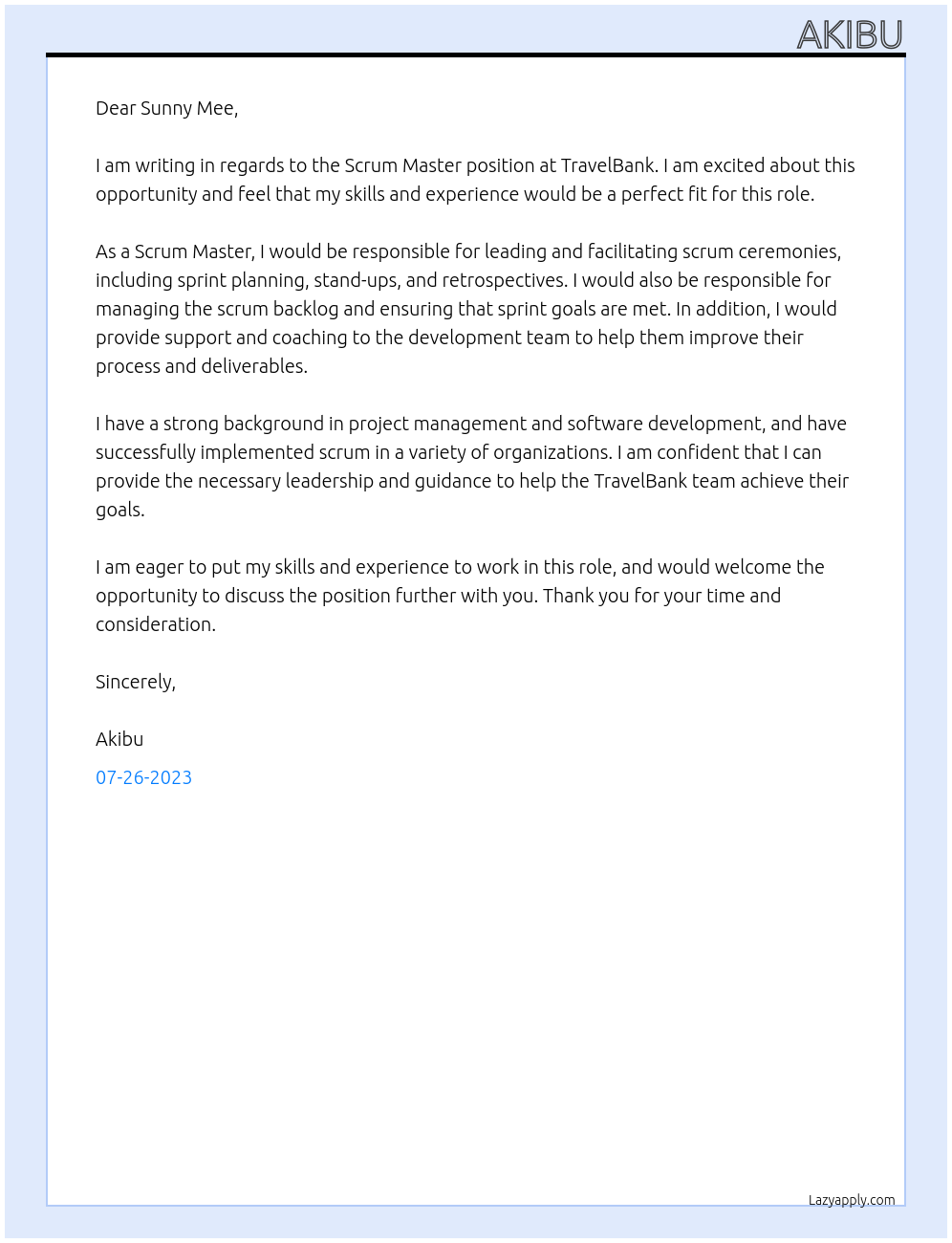 Scrum Master At TravelBank Cover Letter