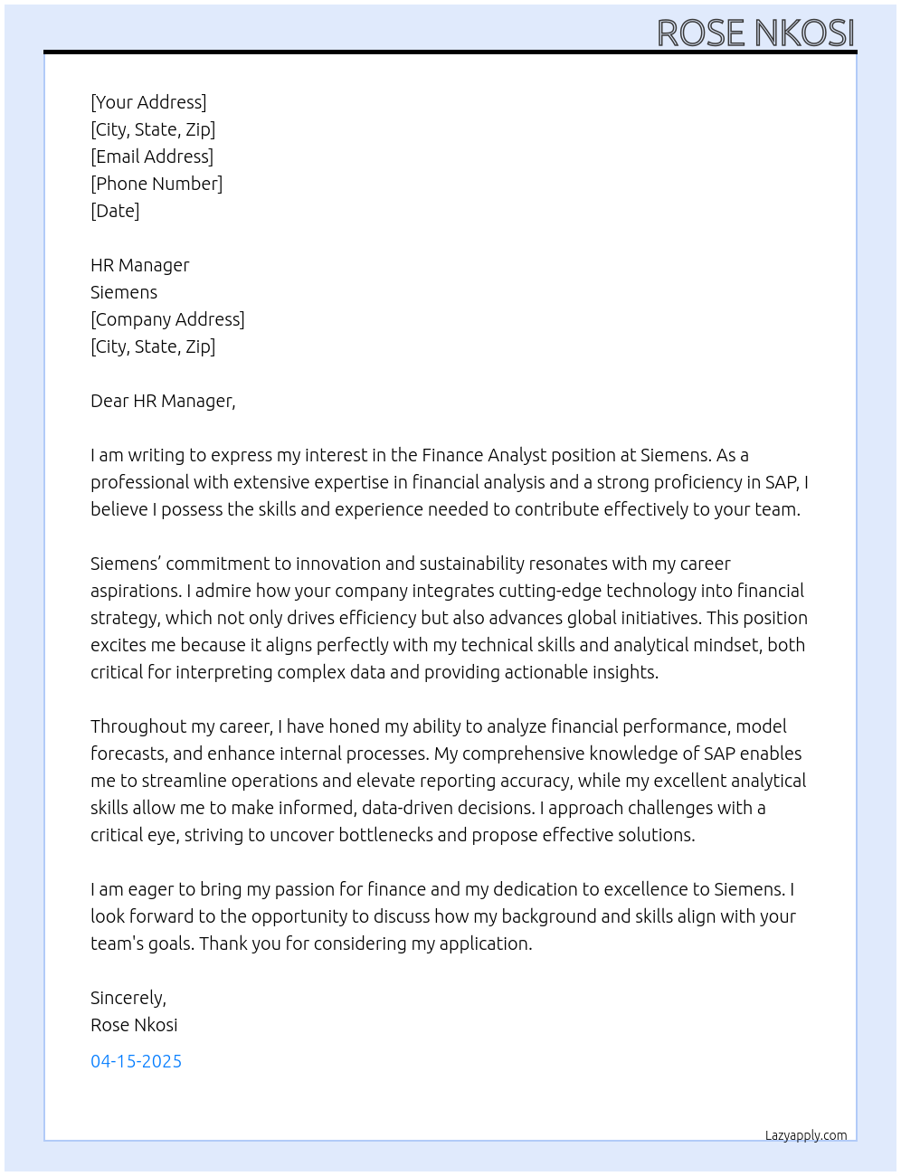 Finance analyst At siemens Cover Letter