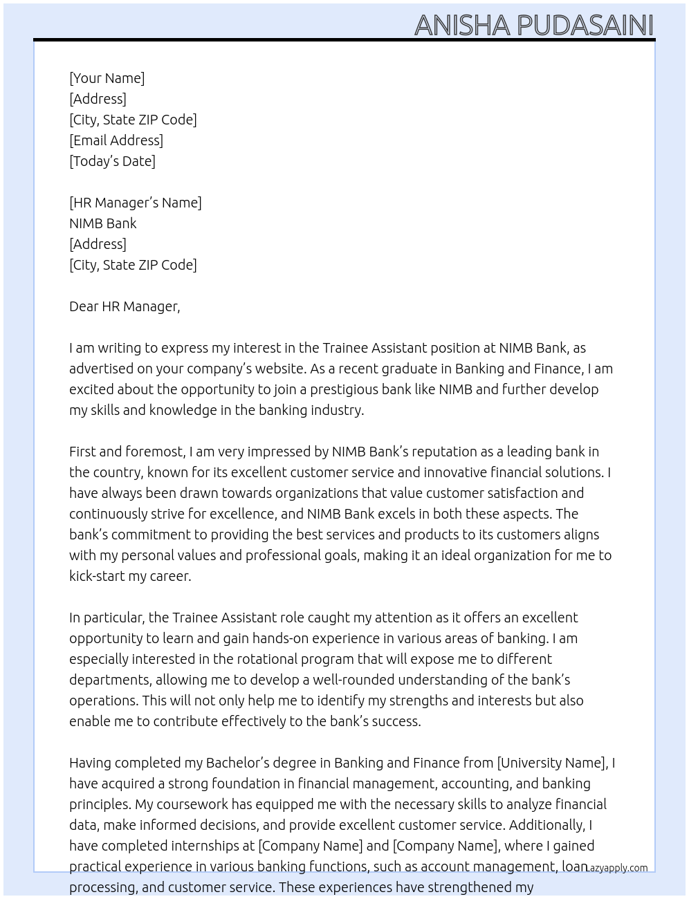 Trainee Assistant At NIMB Bank Cover Letter