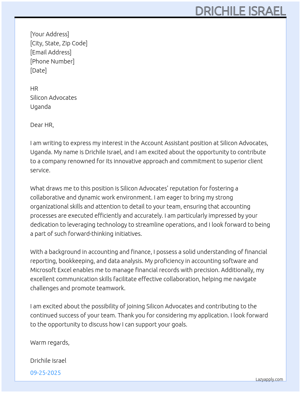 Cover letter for account assistant - LazyApply