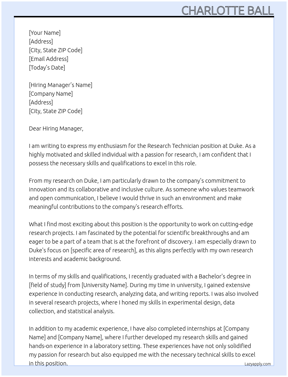 Research Technician At Duke Cover Letter