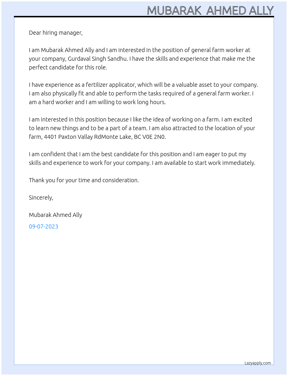 General farm worker At Gurdaval Singh Sandhu Cover Letter