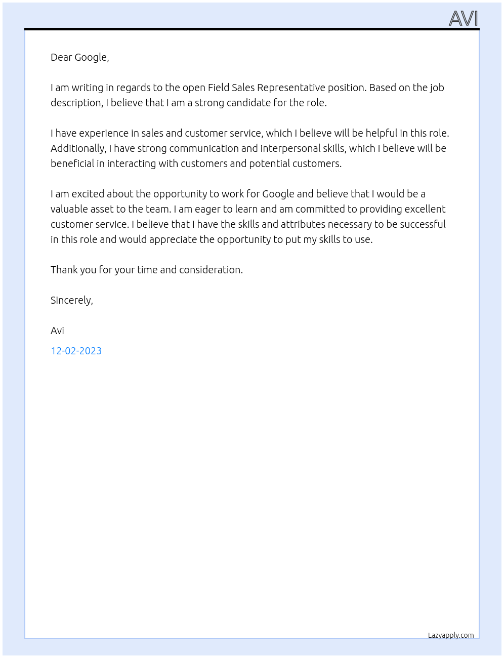 Field Sales Representative At Google Cover Letter