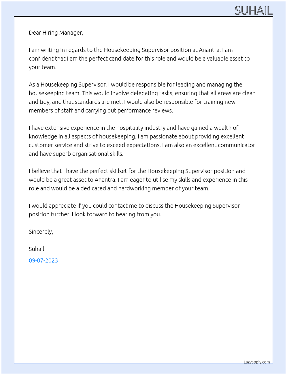 Housekeeping Supervisor At Anantra Cover Letter