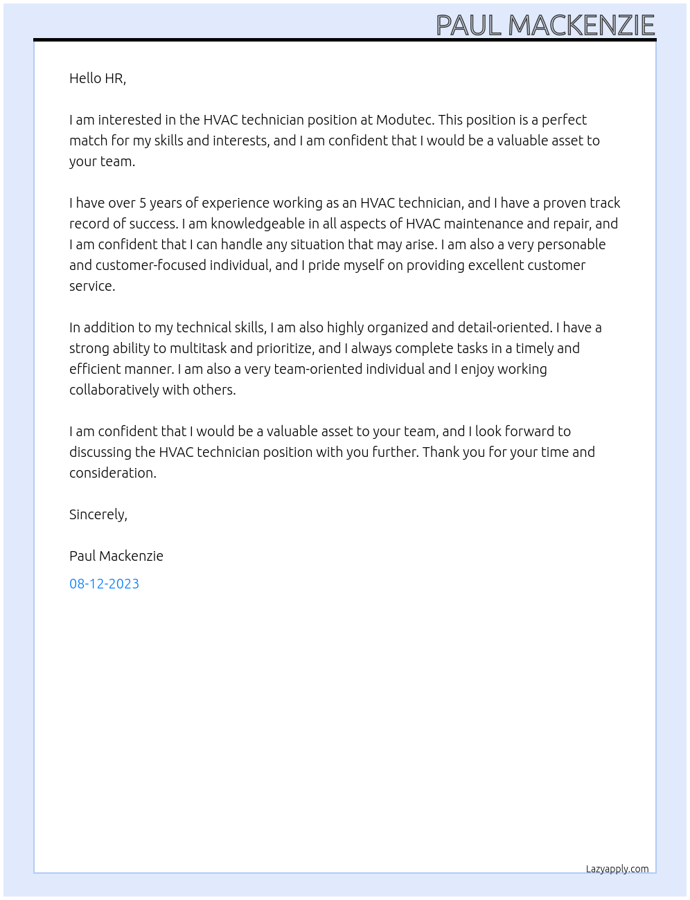 HVAC technician At Modutec Cover Letter