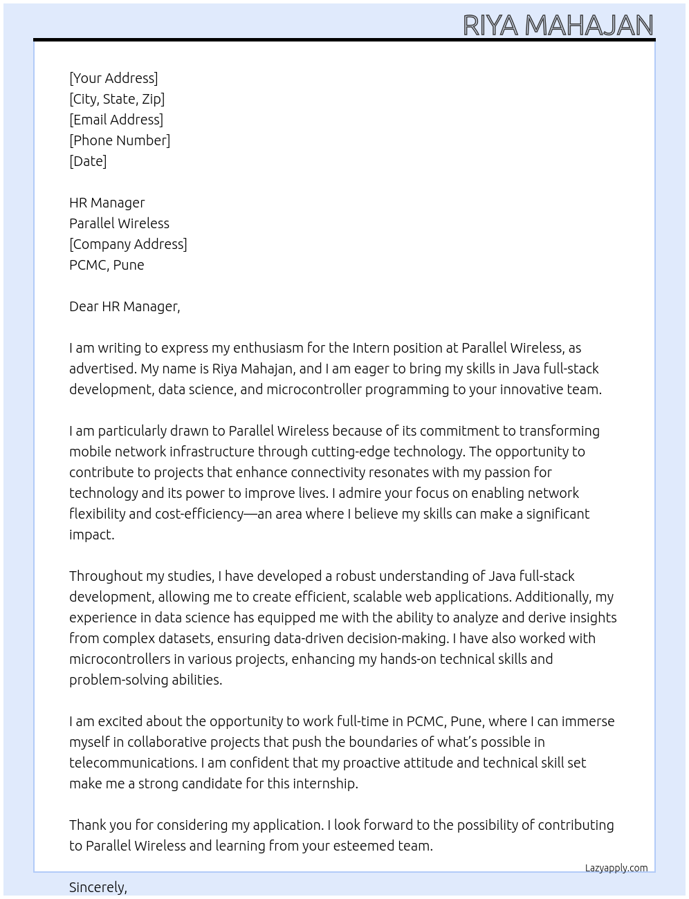 Intern At Parallel wireless Cover Letter