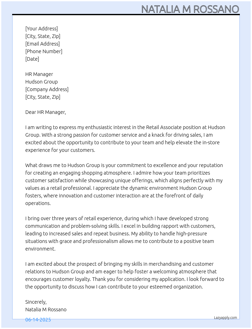 Retail Associate At Hudson Group Cover Letter