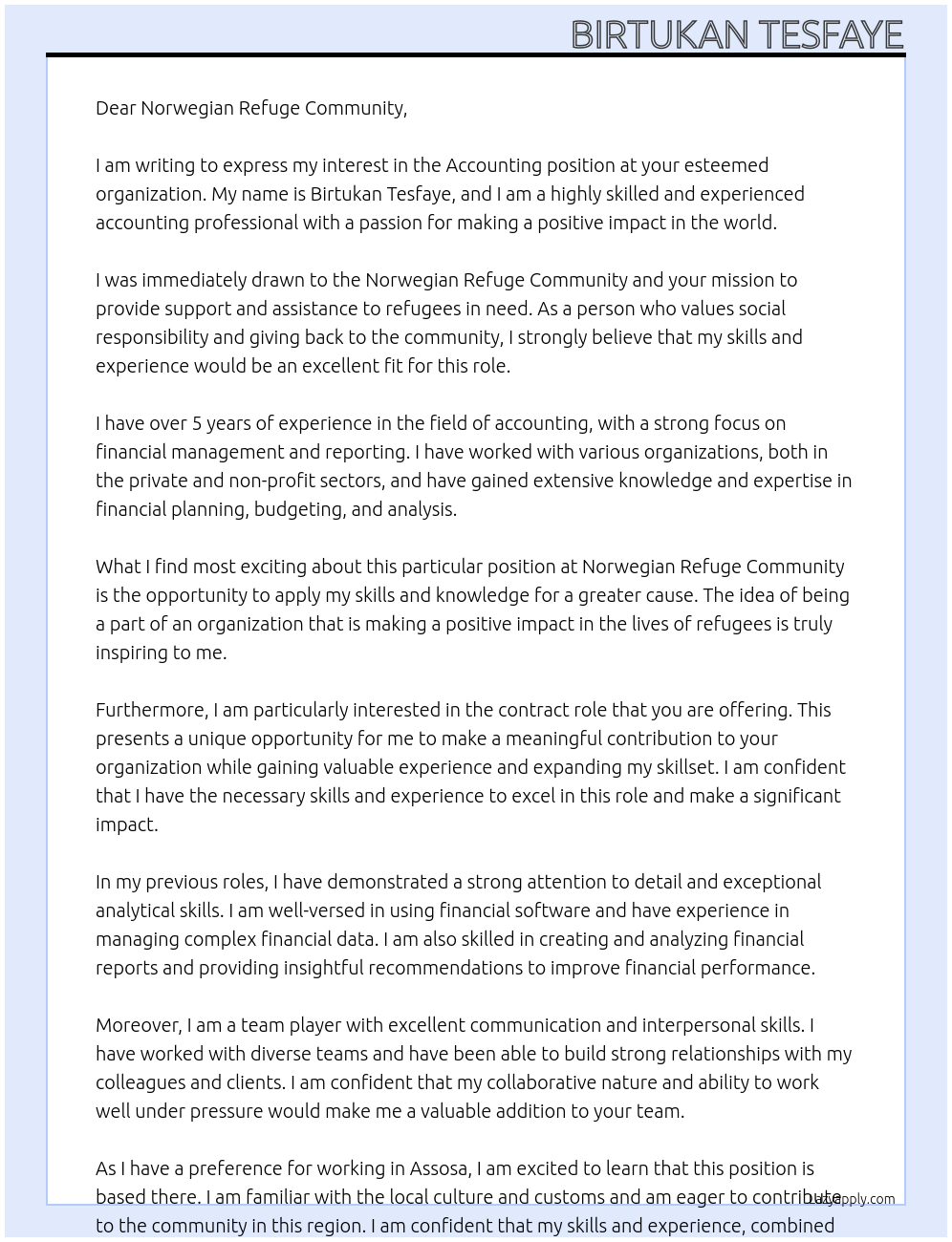 Accounting At Norwegian refuge community Cover Letter