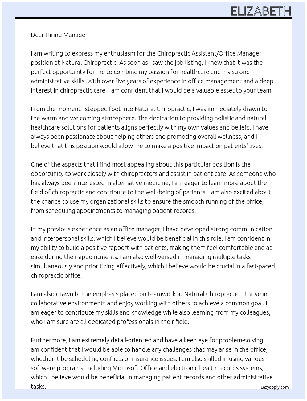 Chiropractic Assistant/Office Manager At Natural Chiropratic Cover Letter