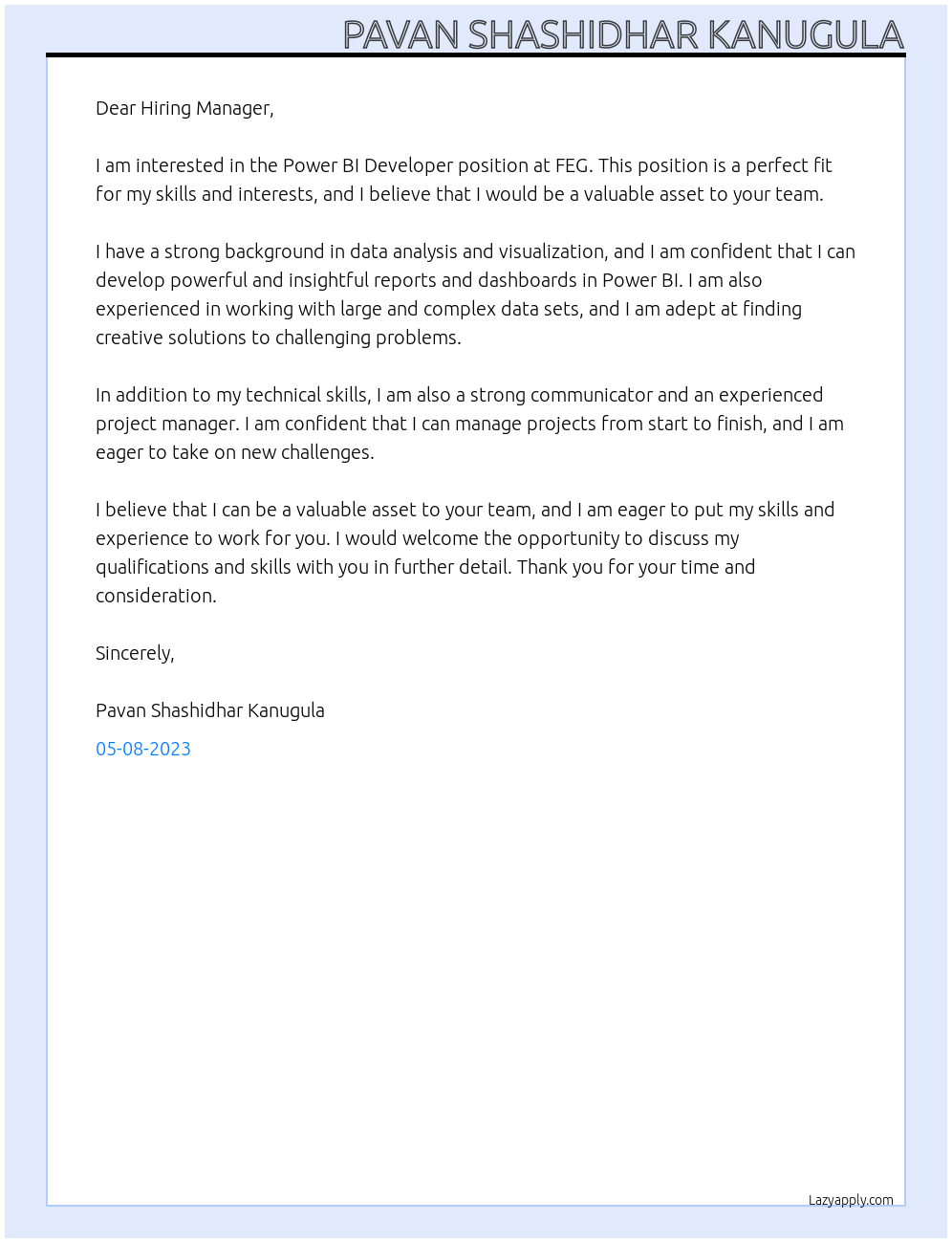 Power BI Developer At FEG Cover Letter