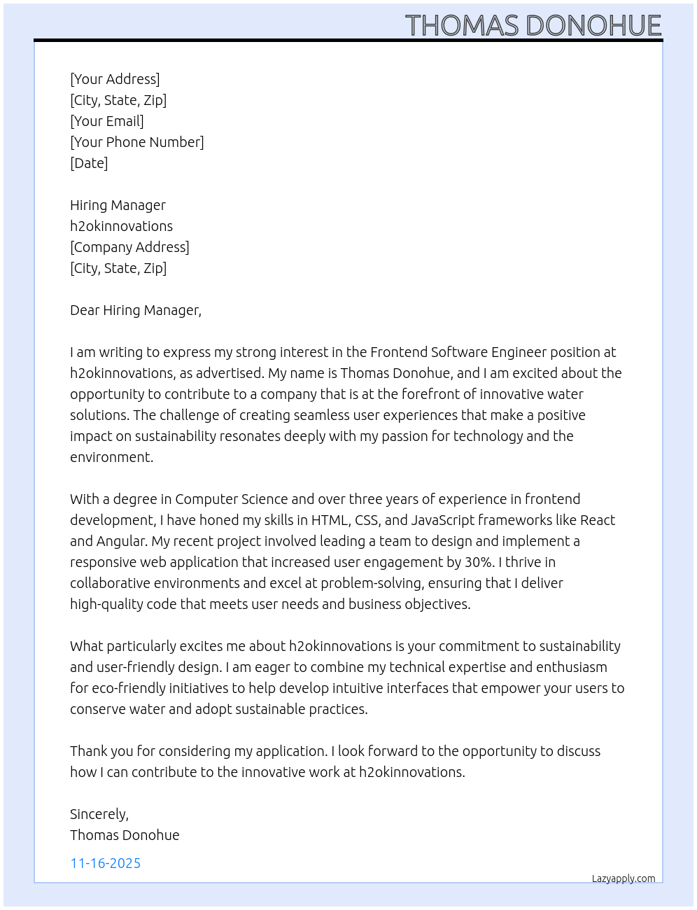Cover letter for frontend software engineer - LazyApply