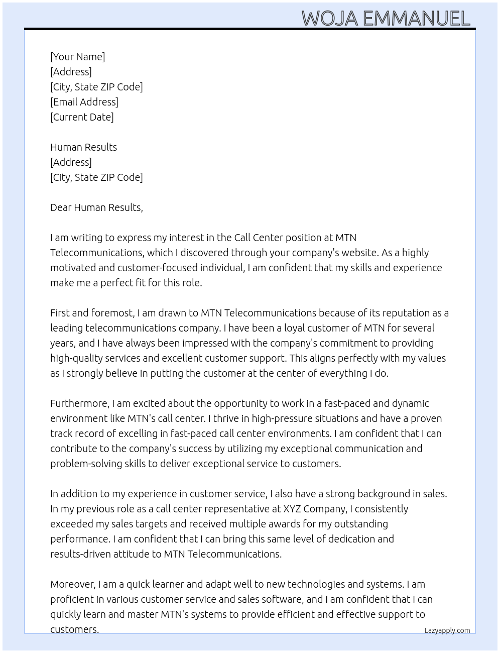 Call center  At MTN telecommunication Cover Letter