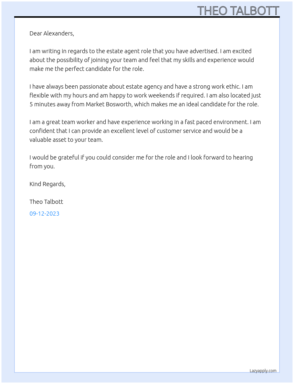 Estate agent At Alexanders Cover Letter
