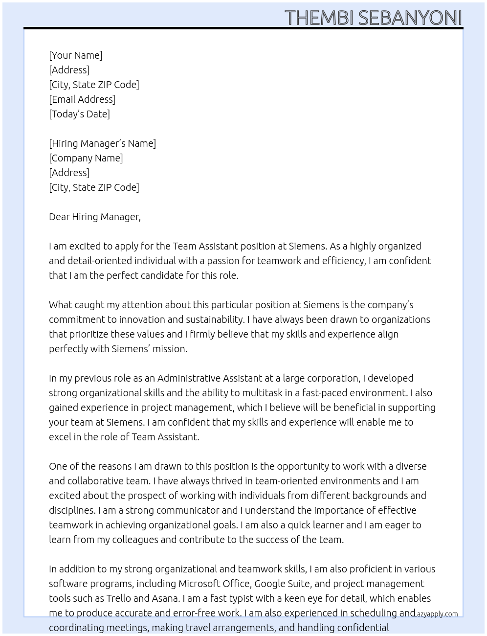 Team assistant At Siemens Cover Letter