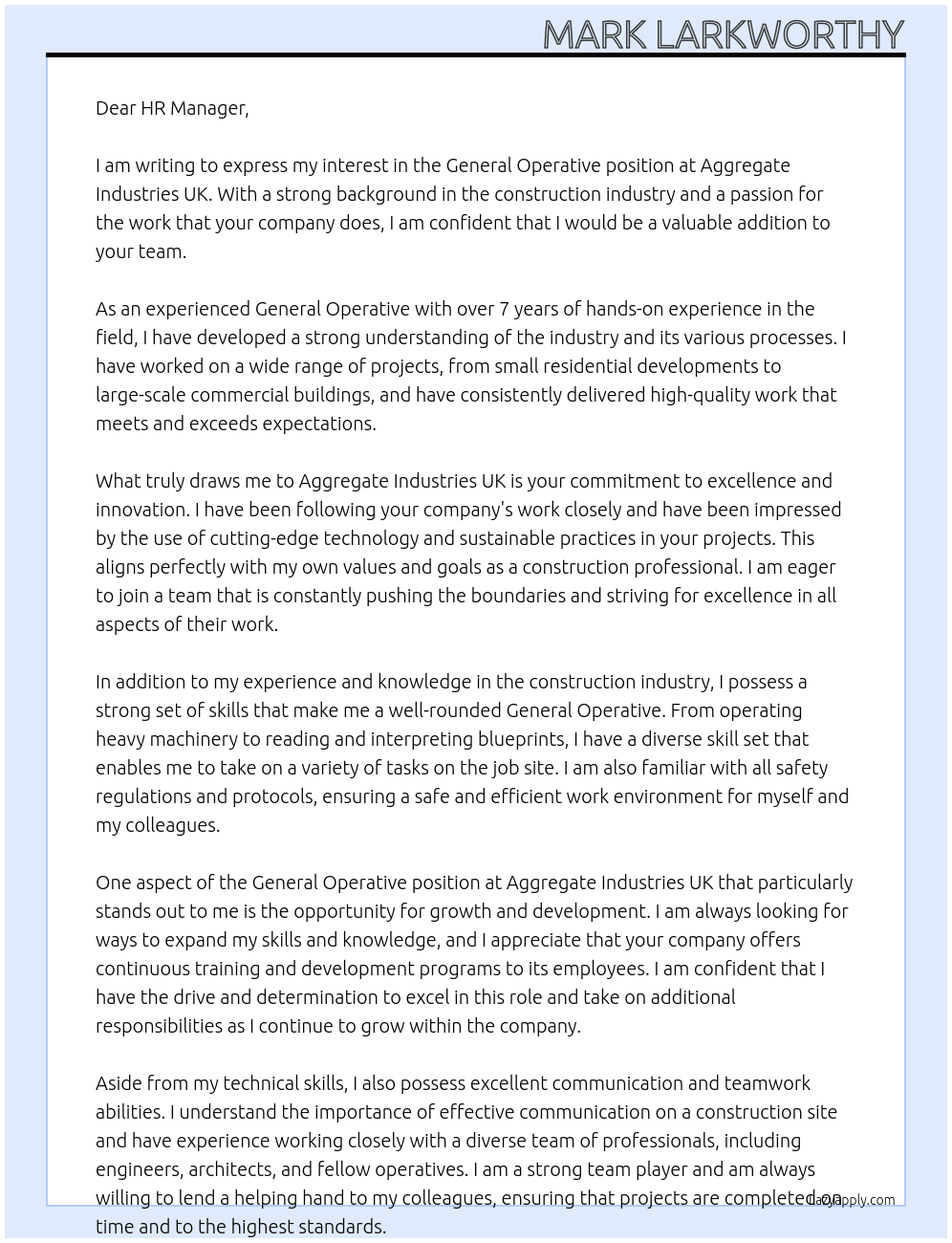 General Operative At Aggregate Industries UK Cover Letter