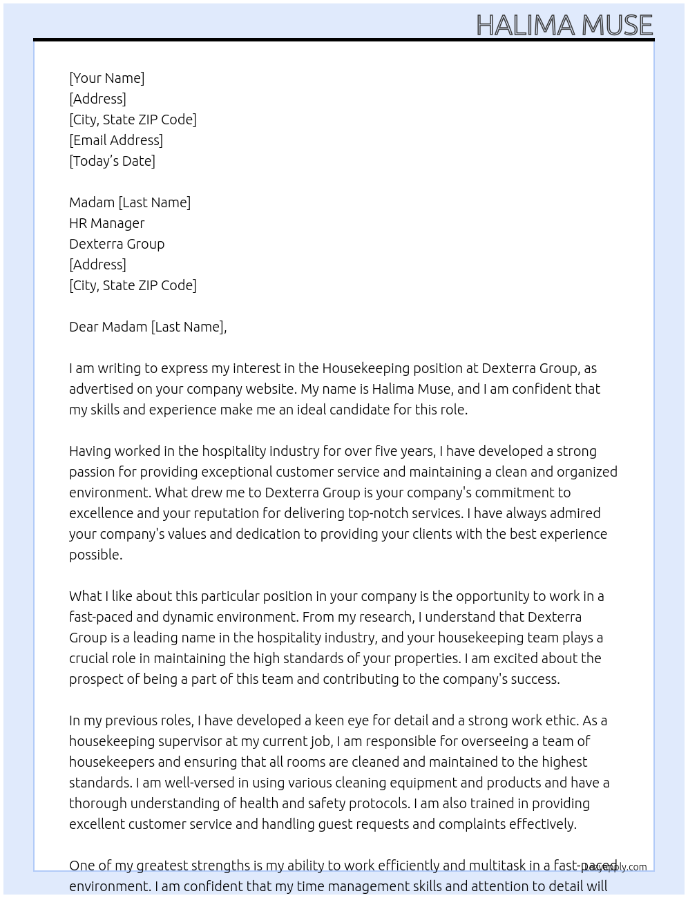 house keeping At DEXTERRA GROUP Cover Letter