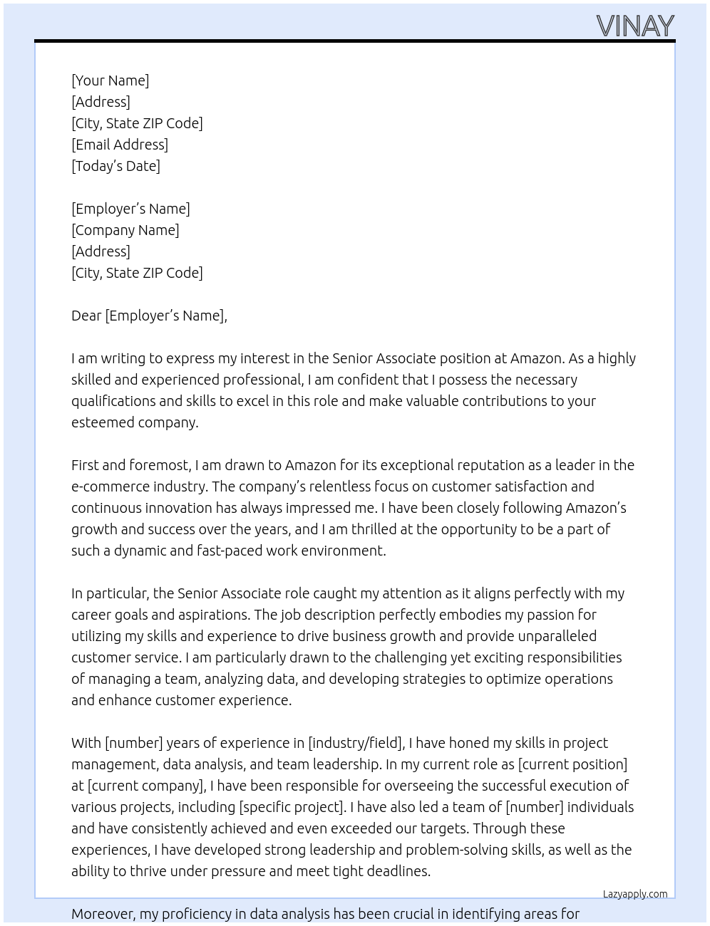 Senior associate At Amazon Cover Letter