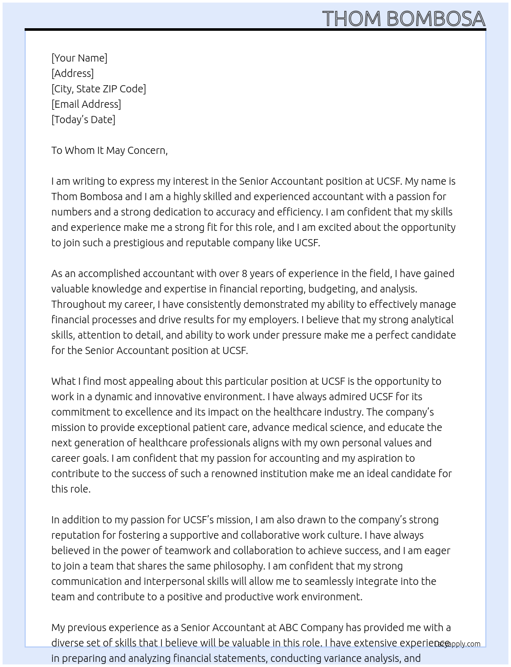 Senior Accountant At UCSF Cover Letter