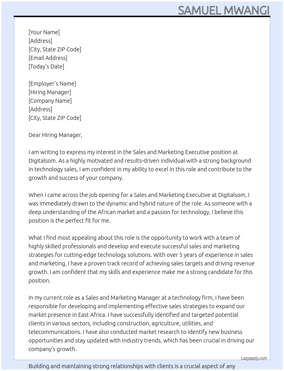 Sales and Marketing Executive At Digitalsom Cover Letter