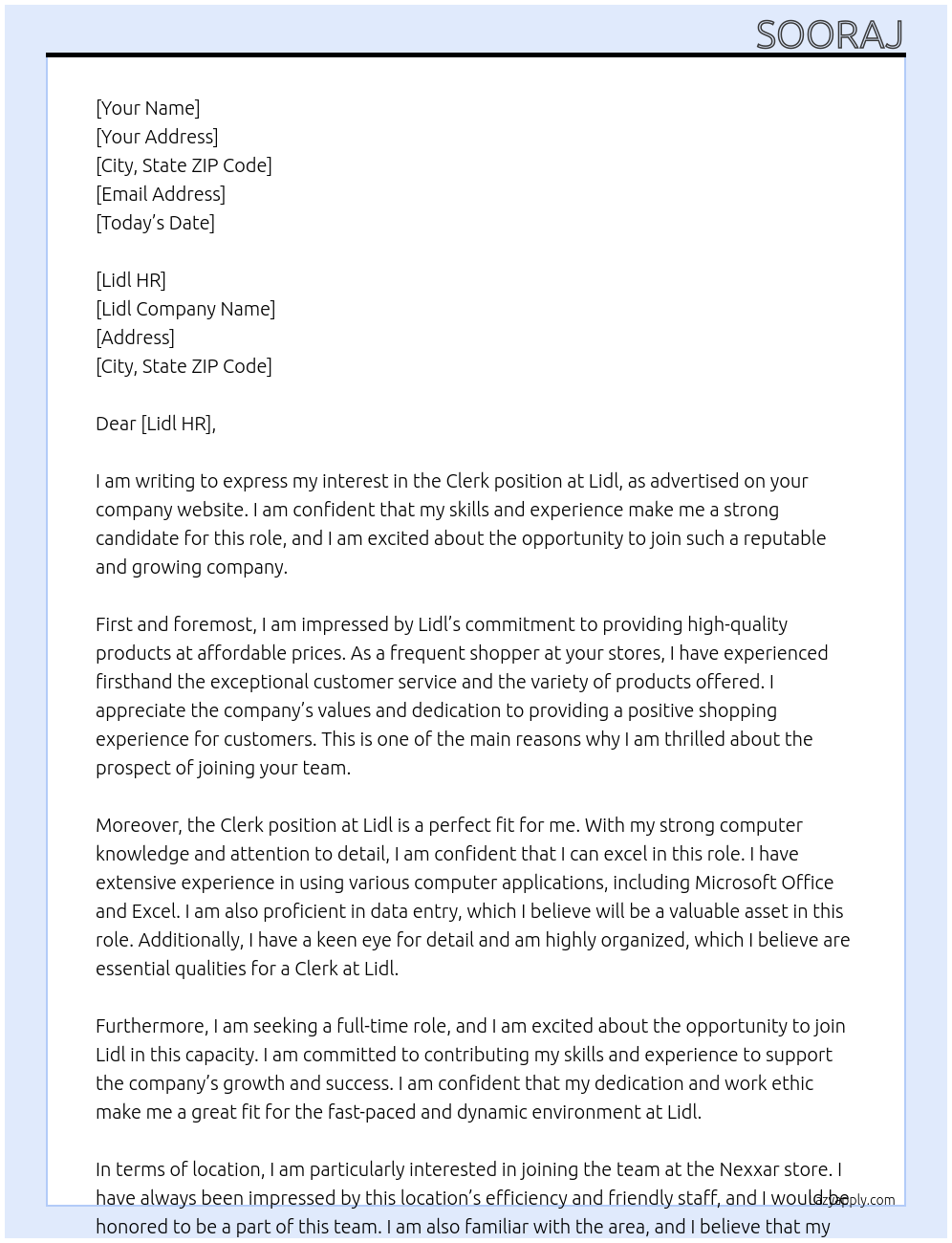 Clerk  At Lidl Cover Letter