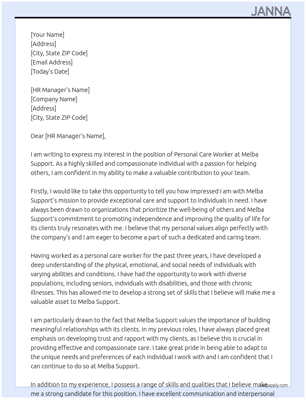 personal care worker At melba support Cover Letter