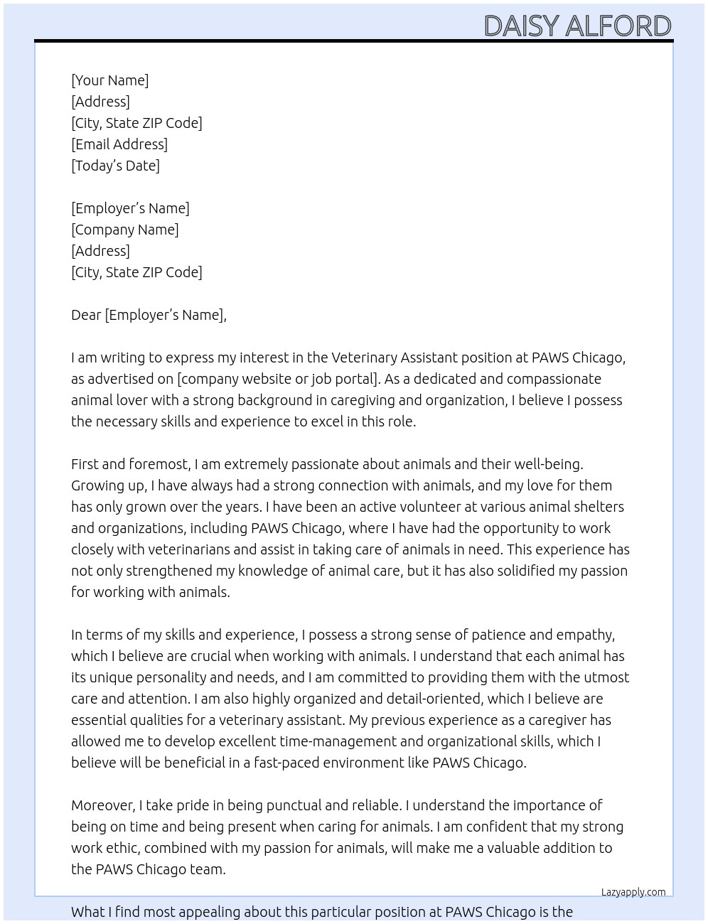 Veterinary assistant At PAWS Chicago Cover Letter