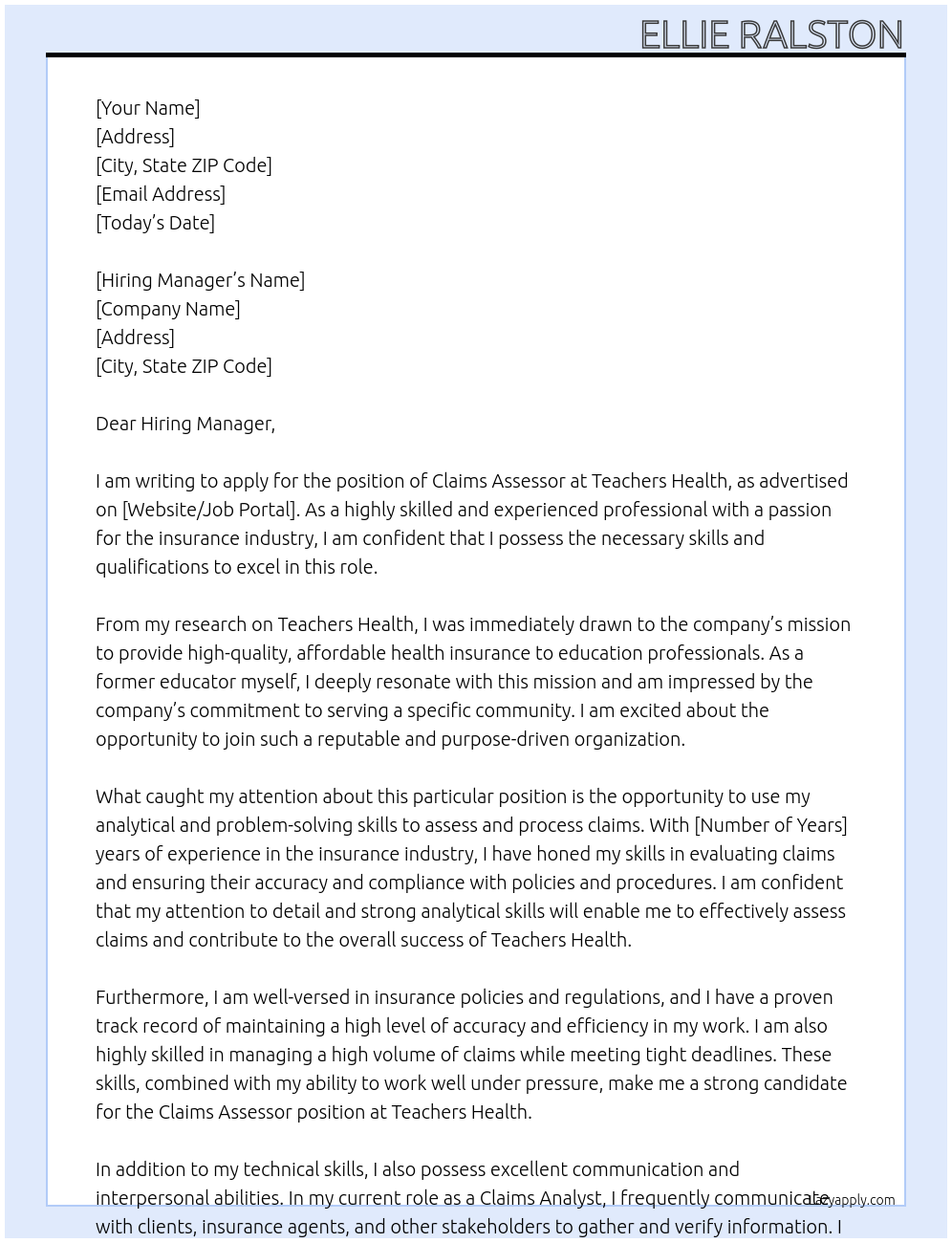 Claims Assessor At Teachers Health Cover Letter
