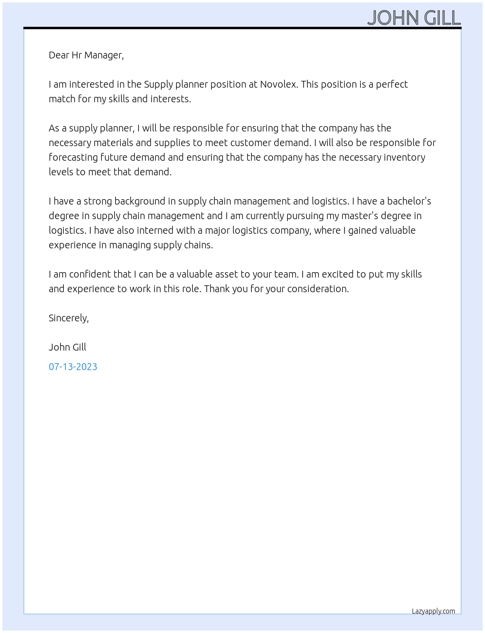 Supply planner At Novolex Cover Letter