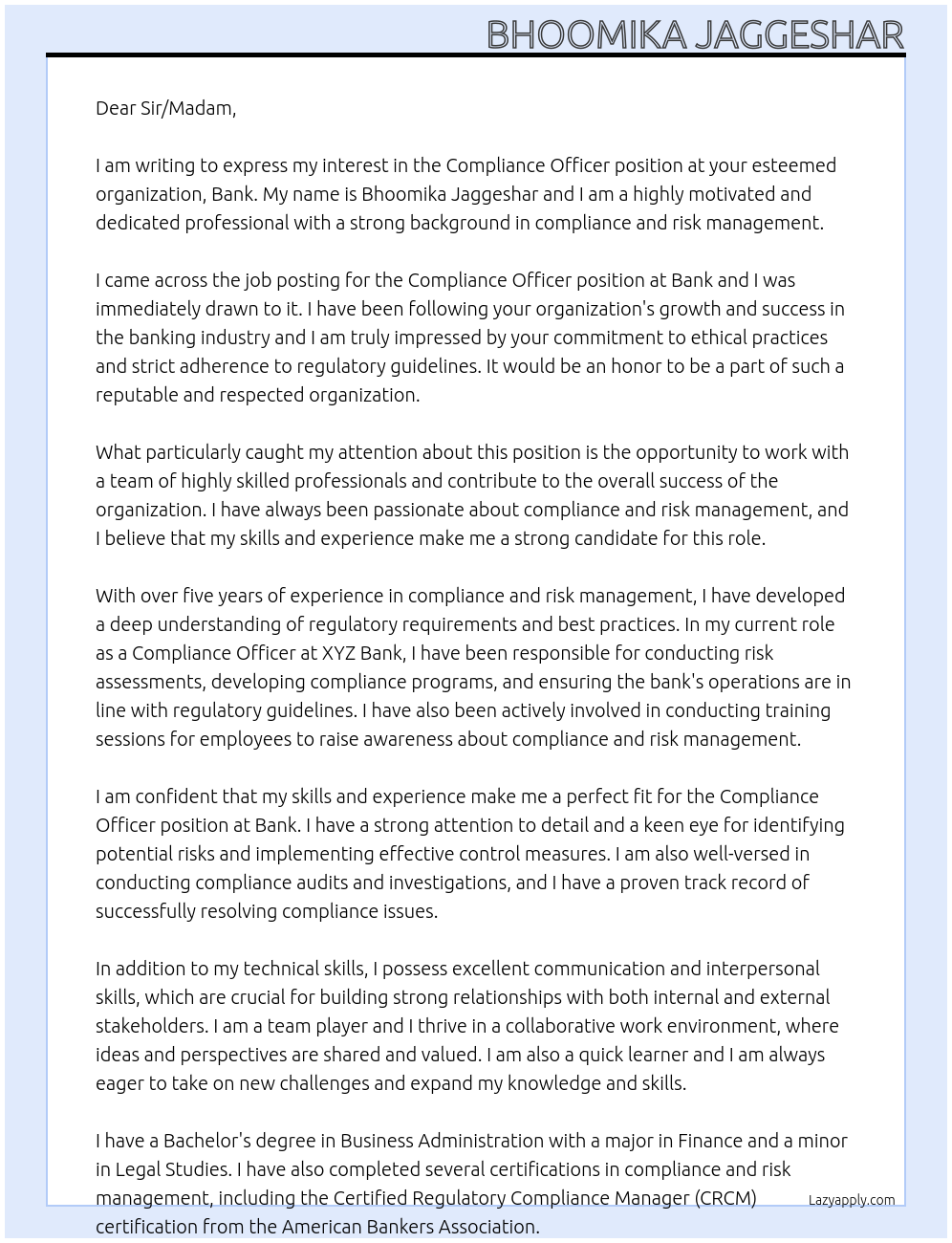 Compliance officer At Bank Cover Letter