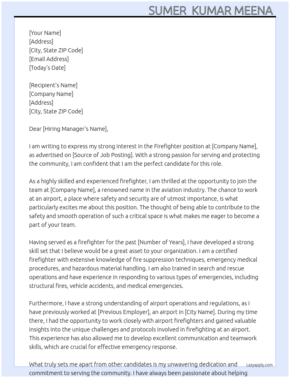 fire fighter At airport Cover Letter