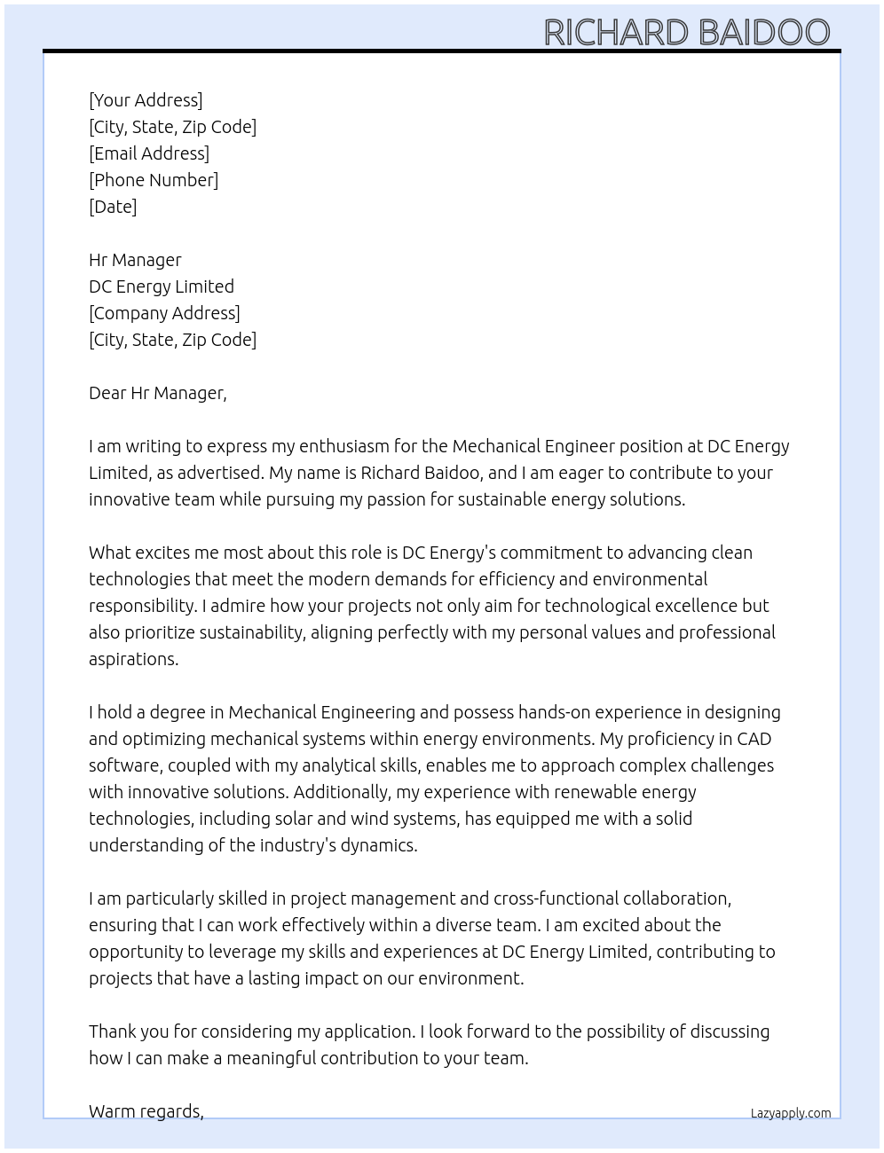 Mechanical engineer At DC Energy limited Cover Letter