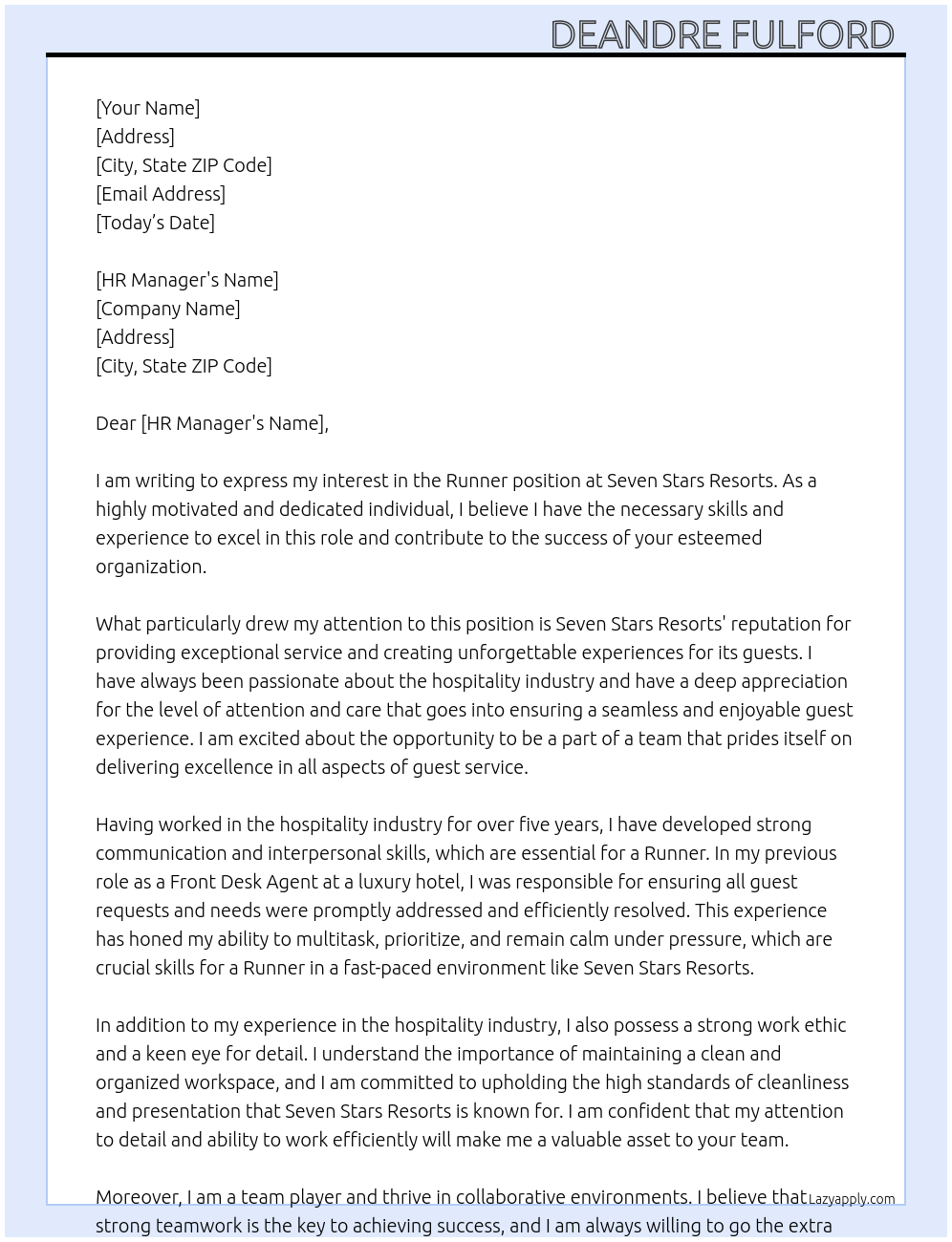 Runner At Seven Stars Resorts Cover Letter