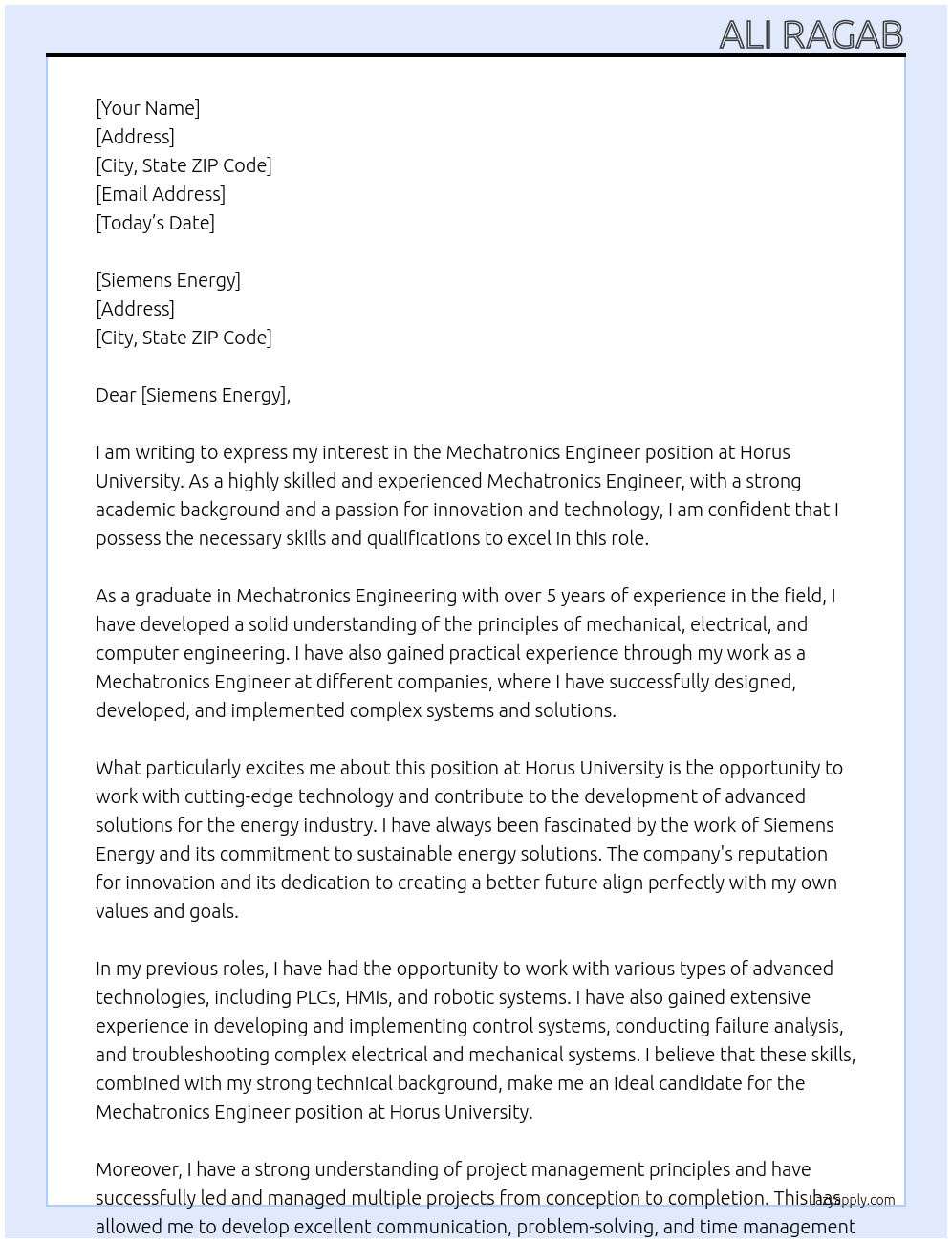 Mechatronics Engineer At horus-university Cover Letter