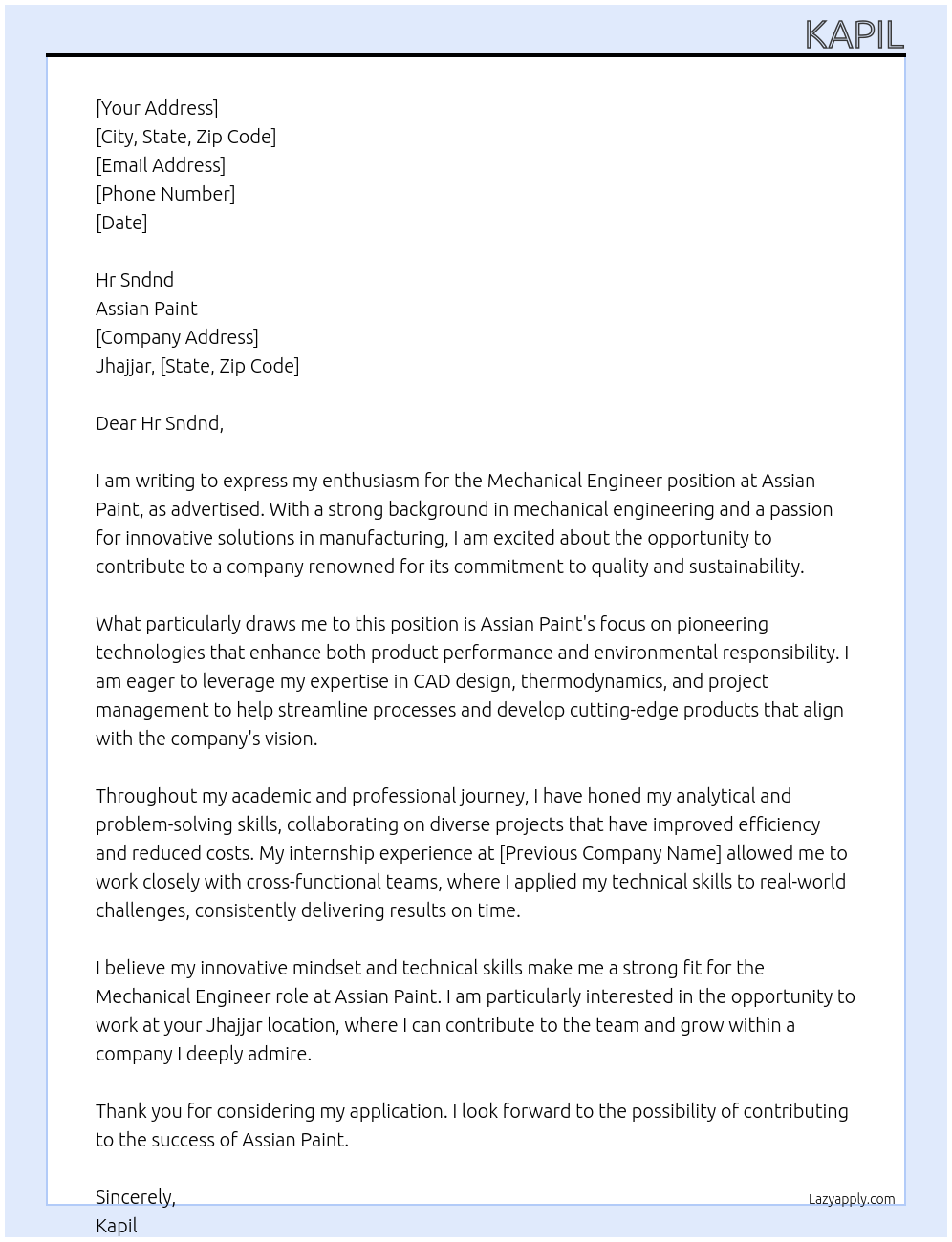 Mechanical Engineer At Assian paint Cover Letter