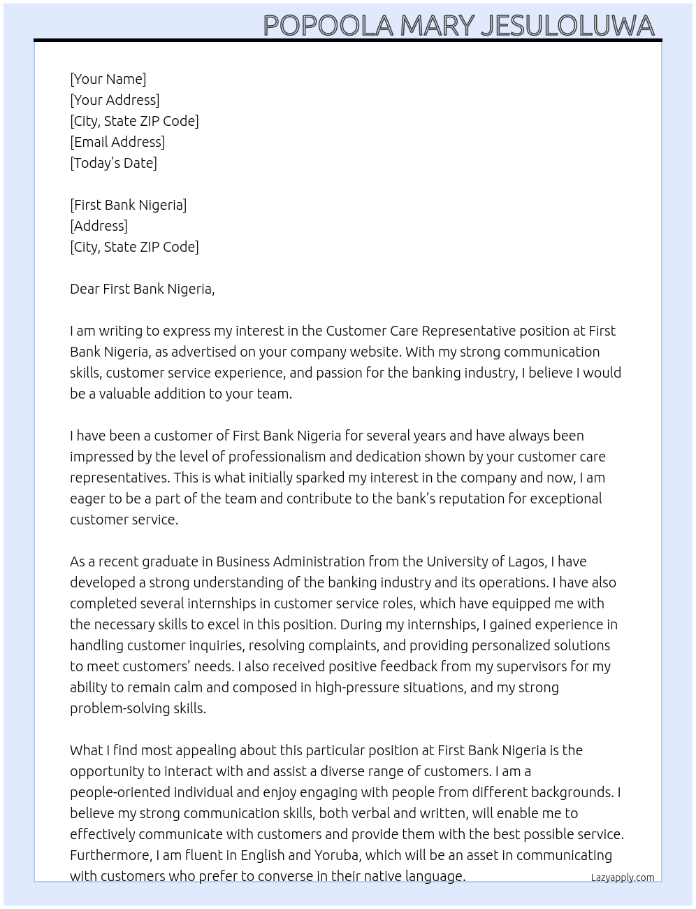 Customer Care Representative At First Bank Nigeria Cover Letter