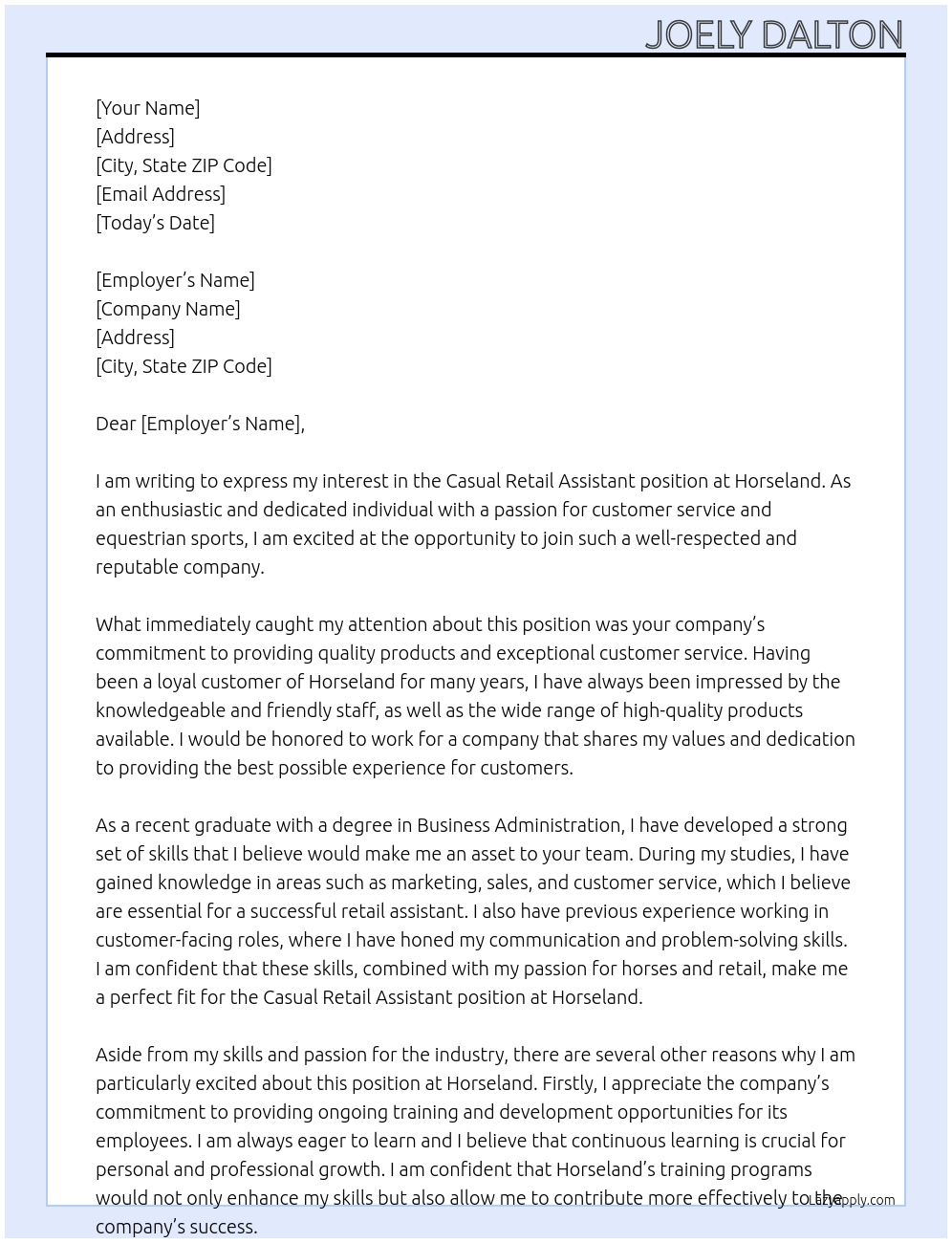 Casual retail assistant At Horseland Cover Letter