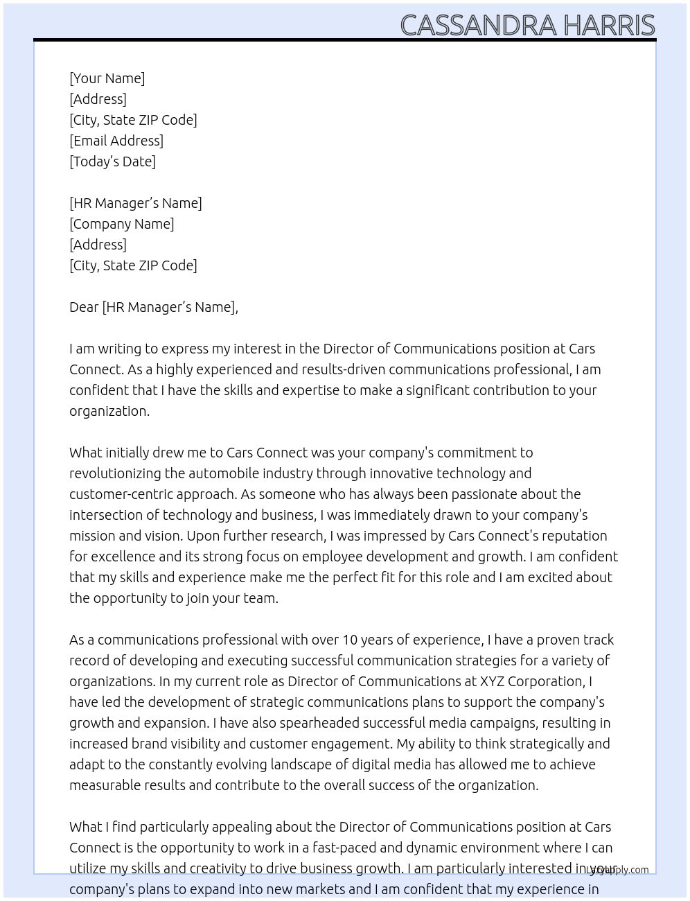 Director of Communications At Cars Connect Cover Letter