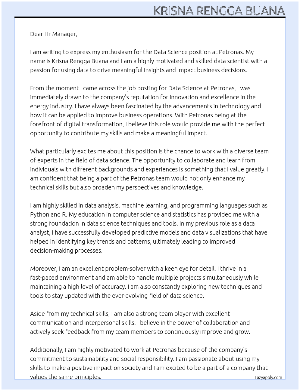 Data Science At Petronas Cover Letter