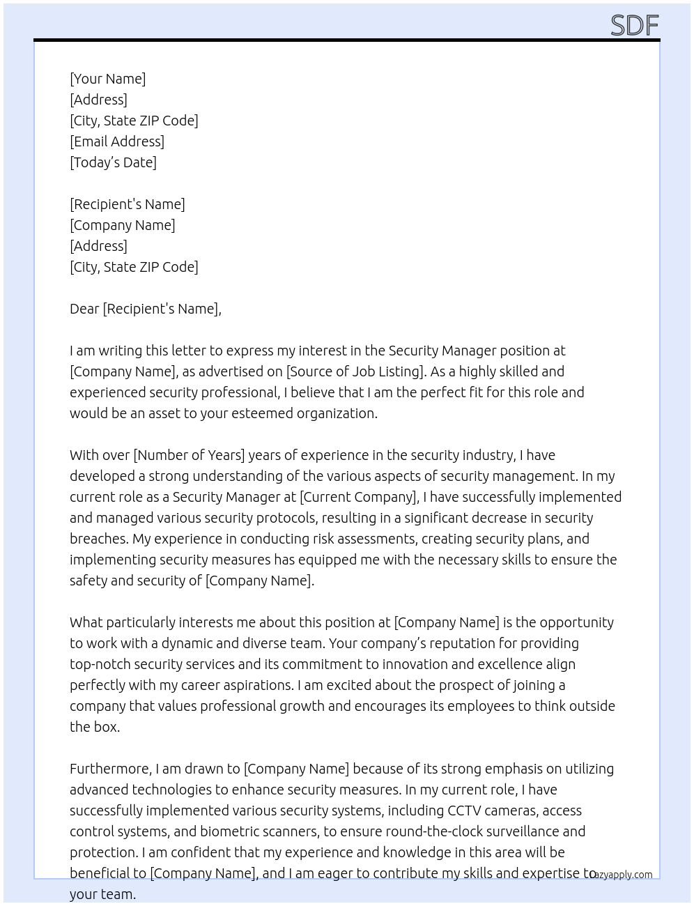 security manager At sdf Cover Letter