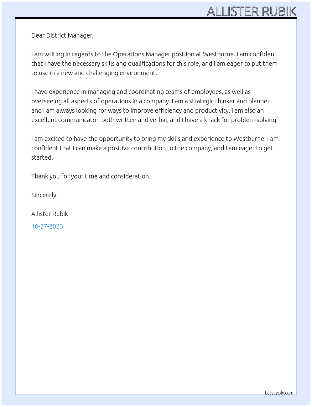 Operation Manager At Westburne Cover Letter