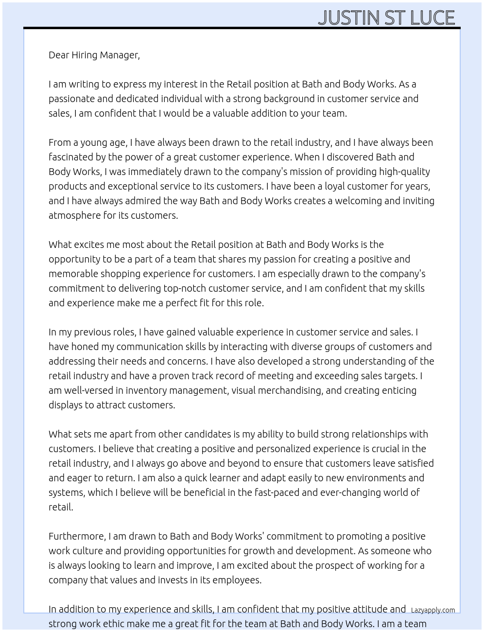 Retail At Bath and body works Cover Letter