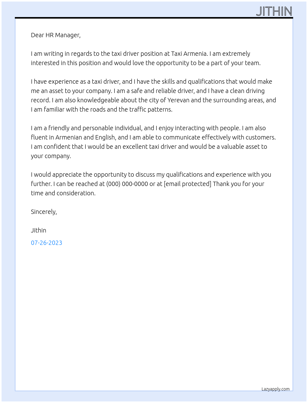 Taxi driver  At Taxi Armenia  Cover Letter
