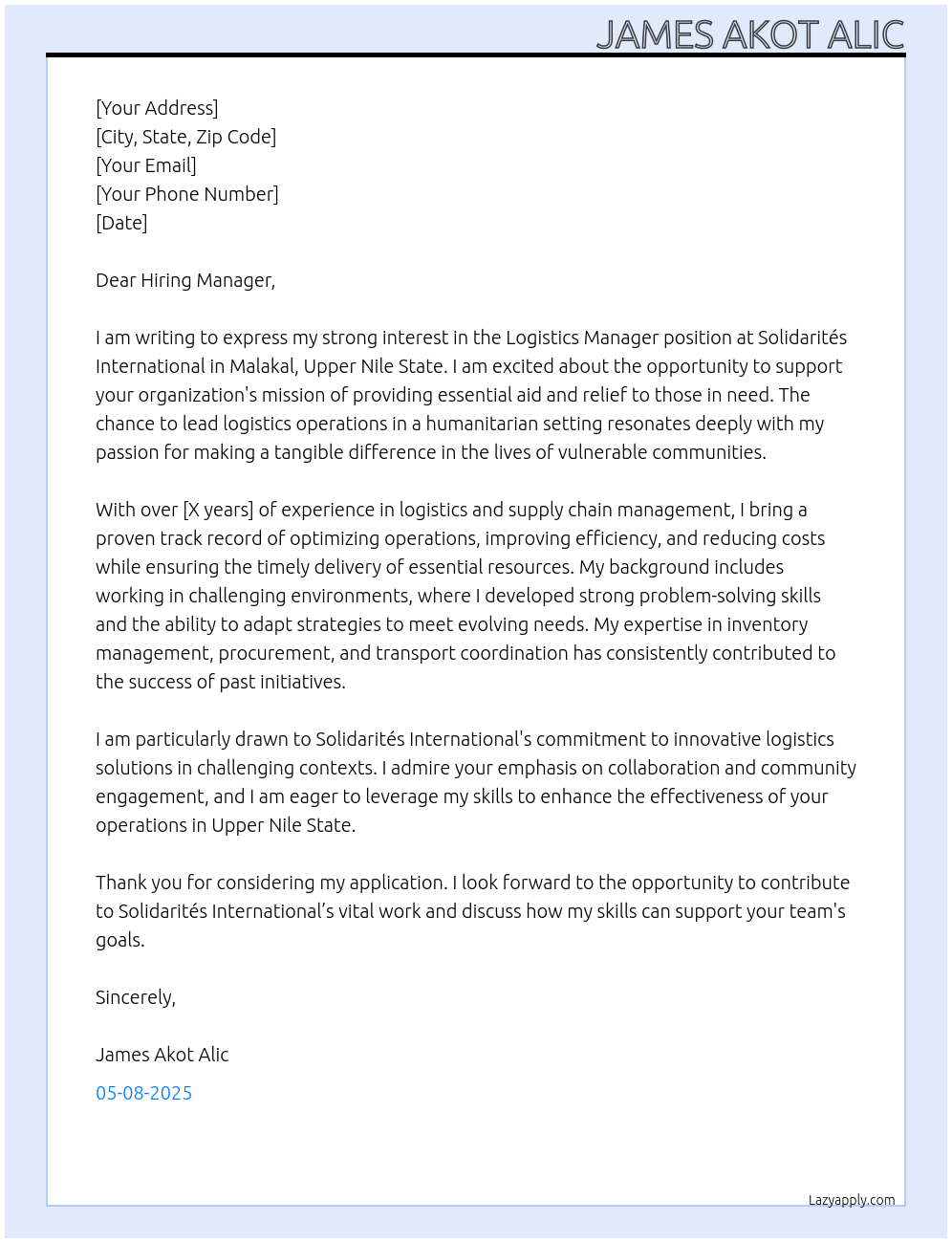 Logistics Manager At Solidarites International Cover Letter