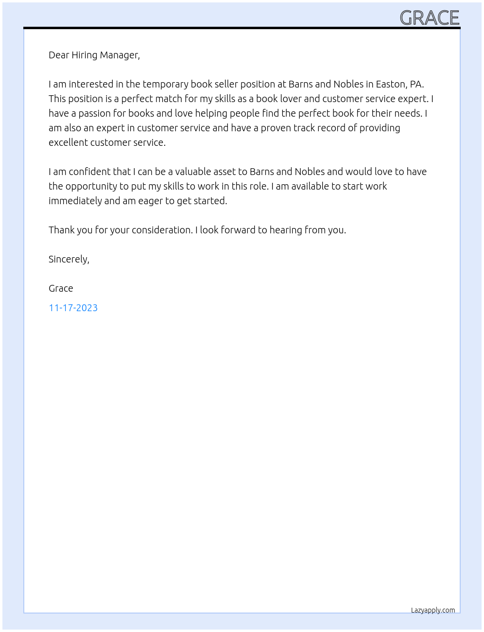 book seller At Barns and Nobles Cover Letter