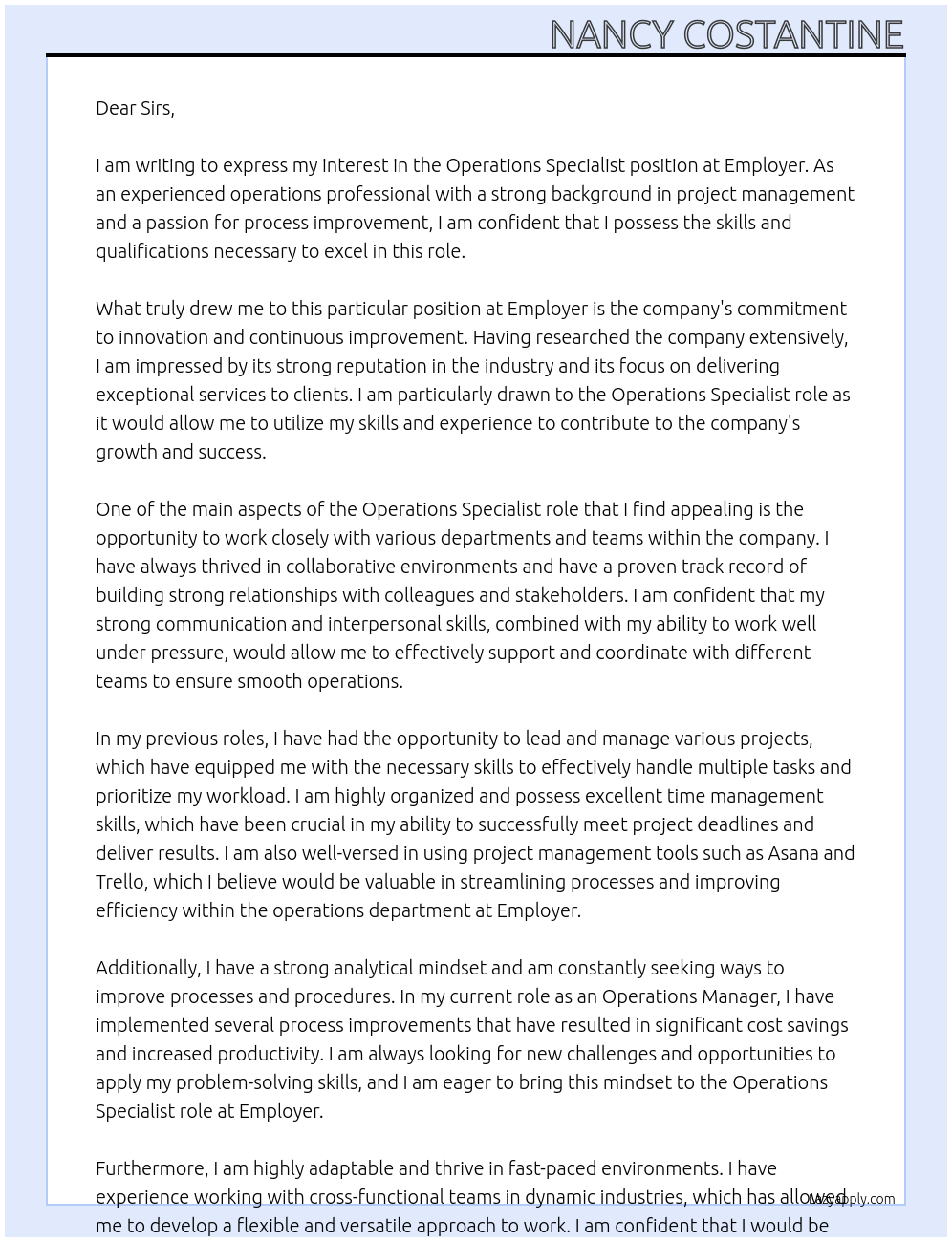 Operations Specialist At Employer Cover Letter