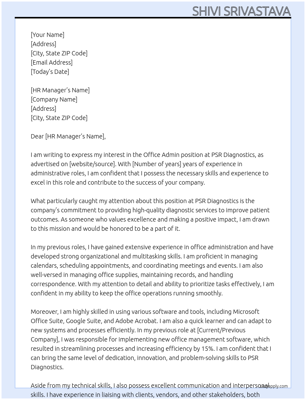 Office Admin At PSR Diagnostics Cover Letter