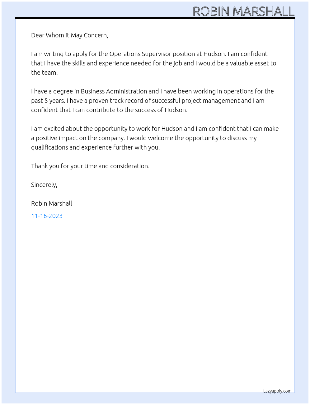 Operations Supervisor At Hudson Cover Letter